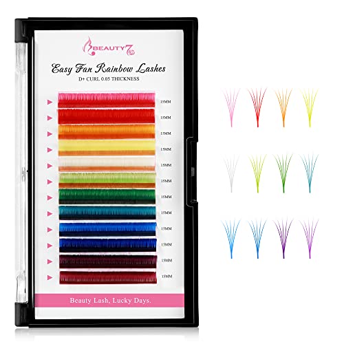 Rainbow Colored Lash Extensions Self Fanning 15mm Dramatic False Eyelashes - Easy Fan, D+ Curl, 0.05mm