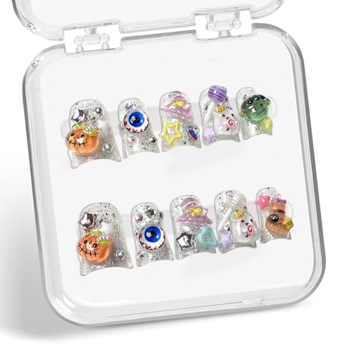 Halloween Short Press On Nails with 3D Ghost & Pumpkin Designs – Variation D-158 / M