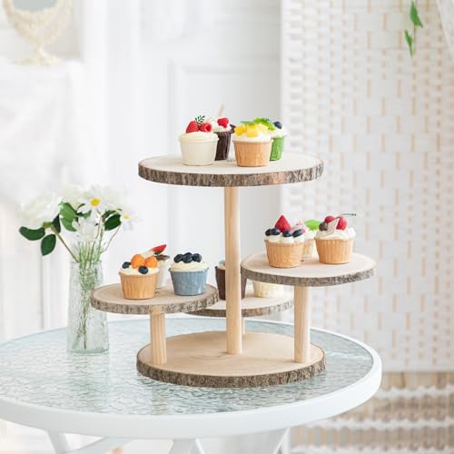 Wood 4-Tier Round Cake and Cupcake Stand Combo Rustic Wooden Dessert Display for Parties