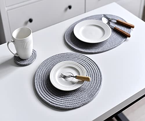 Gray Woven Cotton Placemat Set - Round 13.8 Inch Table Runners, 6 Pack