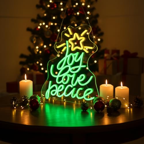 Christmas Tree Neon Sign - Joy Love Peace with Green Yellow Variations - USB LED Wall Decor