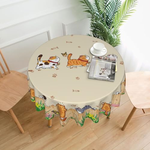 Cat Round Tablecloth 70 Inch Waterproof Rustic Fishbone Paw Floral Farmhouse Decor