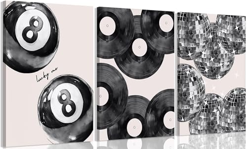 Disco Canvas Wall Art Set - Lucky 8 Ball, Vinyl Record & Disco Ball Prints, 24x16 Inches with Frame