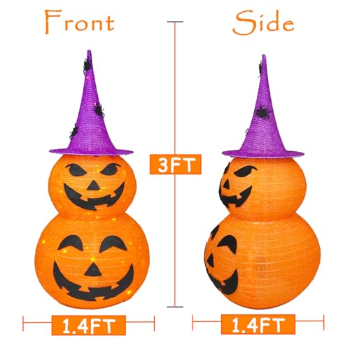 Lighted Pumpkin Halloween Outdoor Decor - 3FT Jack o Lantern with 8 Modes & Timer - Purple Hat Variation