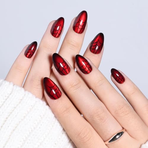 Red Cat Eye Press On Nails - Spider Web Short Almond Design - Variation 08D-Spider