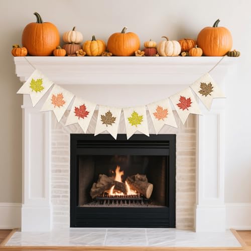 Beige Glitter Maple Leaf Banner - Fall Burlap Garland for Thanksgiving & Harvest