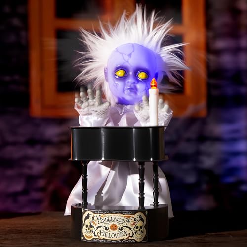 Halloween Animatronic Decor - Creepy Doll with Piano, Light Up Face & Sound Activation - 13.7'' Haunted House Prop - Variation: Animated Piano-Playing Doll