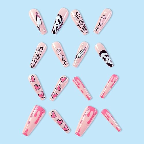 Halloween Fake Nails Long Coffin Pink False Nails with Ghost & Heart Designs Style-5 - 24 pcs