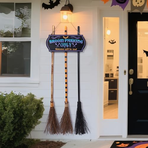 Halloween Broom Parking Sign with Wooden Witch Brooms - Outdoor Porch Decor