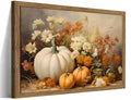 Autumn Pumpkin Wall Art - Framed White Pumpkin & Floral Canvas, 16x12in Rustic Fall Decor