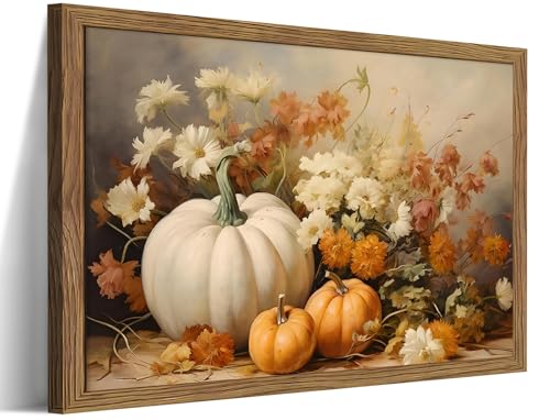 Autumn Pumpkin Wall Art - Framed White Pumpkin & Floral Canvas, 16x12in Rustic Fall Decor