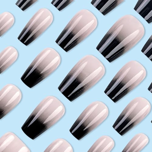 French Tip Press-On Nails Short Coffin Style Black White Gradient Fake Nails with Design - Colorful-13