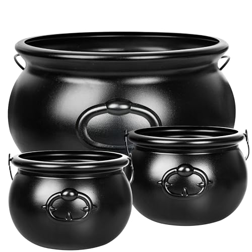 3 Pack Halloween Cauldron Set - Black Plastic Witch Cauldrons for Party Decor