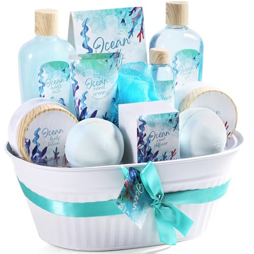 BODY & EARTH 12Pcs Ocean Scent Spa Gift Baskets for Women Luxurious Gifts for Women Valentines Day Gifts for Her Gift Sets for Women