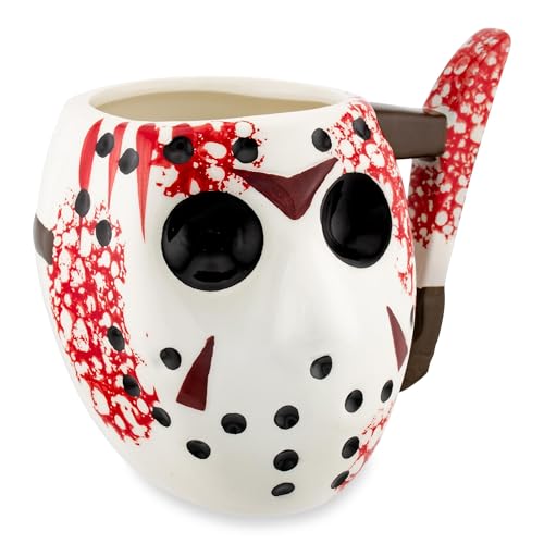 Friday the 13th Jason Mask Coffee Mug with Knife Handle - 20oz Ceramic Collectible, Multicolor