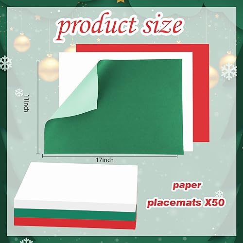 Christmas Paper Placemats Set - 150 Disposable Red Green White Table Mats for Holiday Dining - 11 x 17 Inches