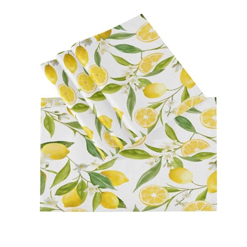 Set of 6 Washable Non-Slip Lemon Flowers Placemats - Heat Resistant Burlap Table Mats for Dining & Kitchen