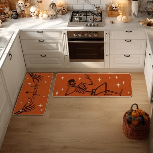 Skeleton Halloween Kitchen Mats Set of 2 - Orange, 17x29 & 17x47 Inches