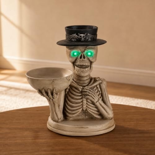 Ivory Skeleton Candy Bowl and Candle Holder with Glowing Eyes - Halloween Decor