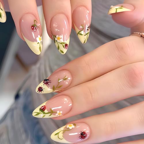 French Tip Press-On Nails Set - Daisy Ladybug Strawberry Floral Almond Style, 24Pcs