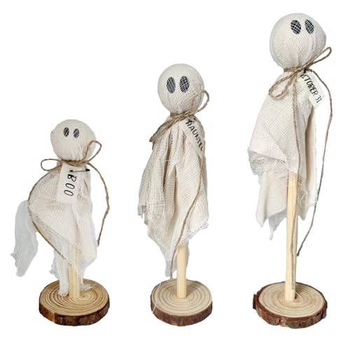 Ghost Halloween Decorations Set - Rustic Wooden Farmhouse Shelf Sitters with Fabric Ghost Figures - Indoor Outdoor Fall Decor - Variation: Ghost