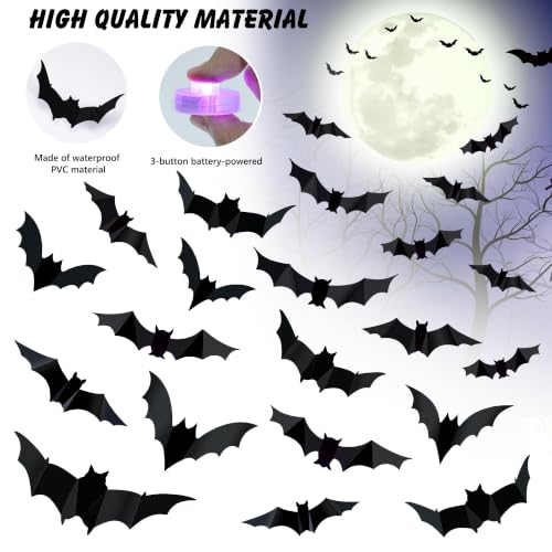Purple LED 3D Bat Halloween Decorations Set - 36 Pieces, 5 Sizes & 4 Shapes