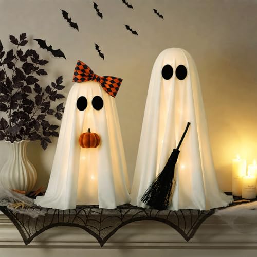 2 Pack Lighted Ghost Decorations with Broom & Pumpkin - Indoor Halloween Decor - Variation of This Listing