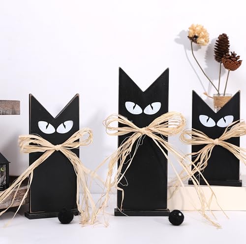 Set of 3 Rustic Wooden Black Cat Halloween Decor – Tiered Tray Farmhouse Accents