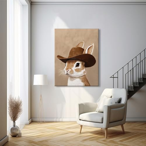 Cowboy Bunny Canvas Wall Art - Neutral Western Nursery Decor, 24x16 inches