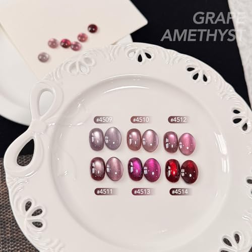 GAOY Purple Red Cat Eye Gel Nail Polish Kit with Magnet - Grape Amethyst, 6 Colors