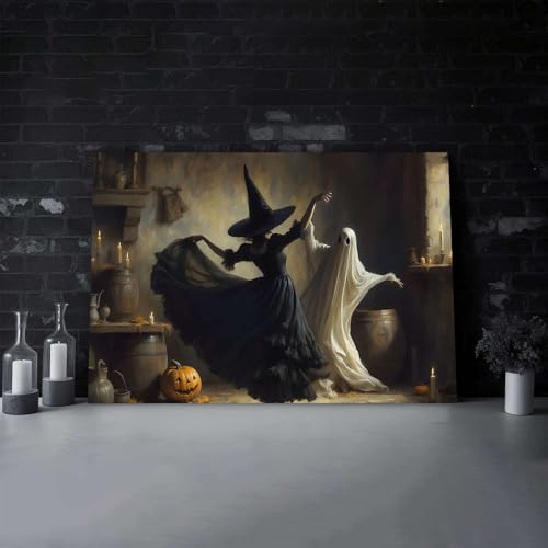 Ghost and Witch Dancing Wall Art - 8x12in Framed Halloween Decor