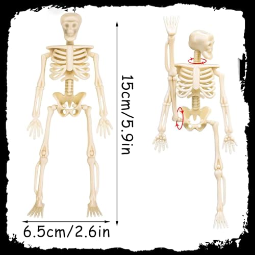 Mini Skeleton Figurines Set - 8 Plastic Halloween Decorations with Jute Rope