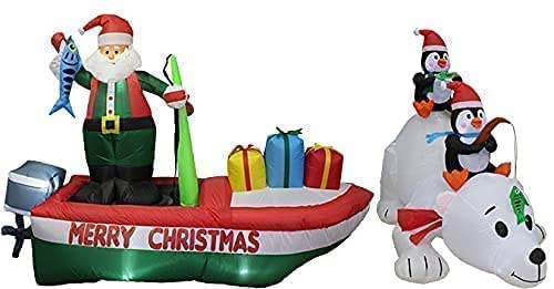 Inflatable Christmas Decorations Bundle - Santa on Fishing Boat & Penguins with Lights