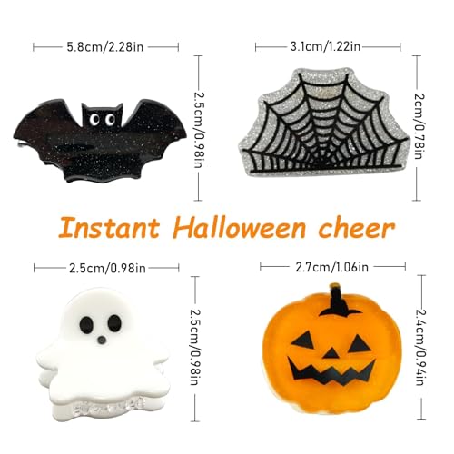 Halloween Tiny Claw Hair Clips Set - Pumpkin, Ghost, Bat & Spider Web Designs - Black, White, Orange, Grey