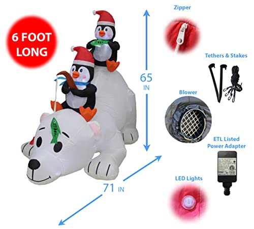Lighted Christmas Inflatable Penguins Fishing on Polar Bear - 6ft Holiday Yard Decor