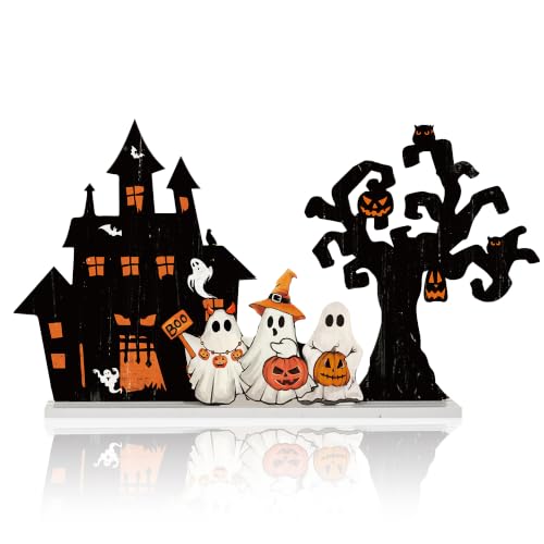 Halloween Ghost Haunted House and Tree Wooden Decor Set - Halloween Tree Variation