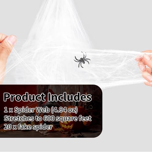 MSQ Spider Web Halloween Decorations - Style6, 600 Sq Ft Stretch Cobwebs with 20 Fake Spiders