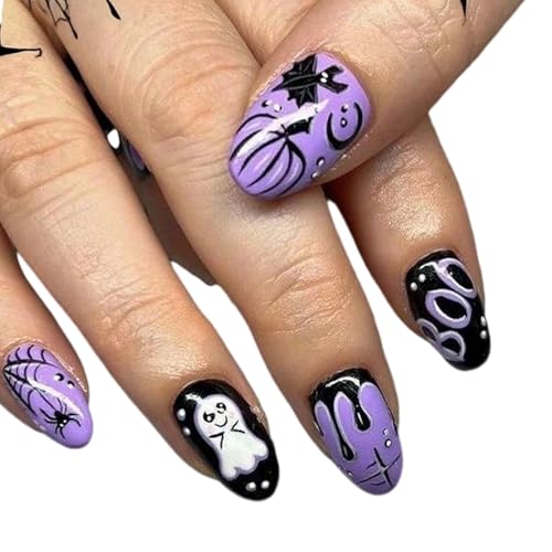 OCOUYVD Halloween Short Almond Fake Nails with Ghost & Pumpkin Design - 24PCS Variation 59
