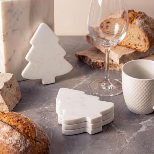 4pcs White Marble Christmas Tree Coasters - Holiday Drink Protectors with Silicone Feet - 4.7x3.9 Inches - Variation: White 2