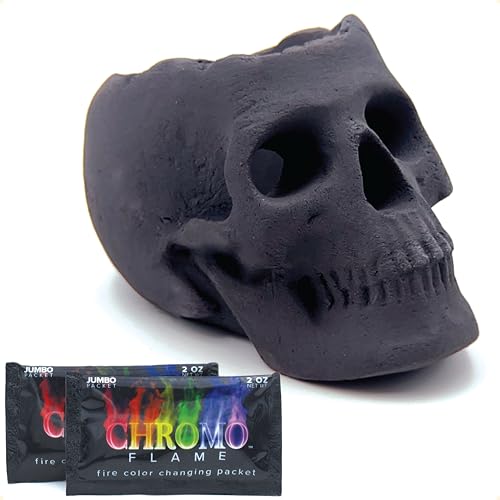 Open Top Fire Pit Skull with Fire Color Changing Packets - Black, 9 Inch