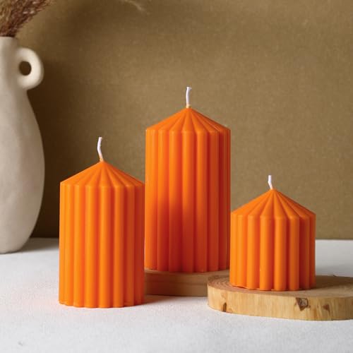Orange Fall Scented Ribbed Soy Candle Set - 3 Varying Sizes, Aromatic & Long Burn