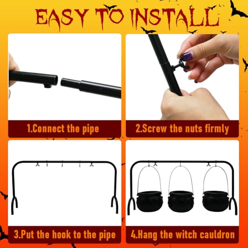Halloween Cauldron Set with Rack - 3 Large & 6 Mini Black Plastic Cauldrons for Party Decor
