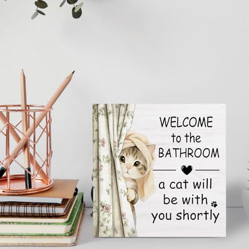 Cat Bathroom Decor Wooden Sign - Cat Lover Gift, Rustic Kitten Wall Art, 5x5 Inch - Variation of This Listing