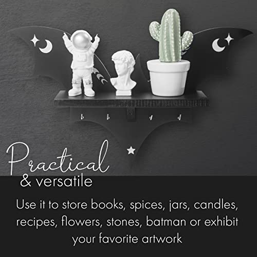 Spooky Bat Shelf Wall Decor - Halloween Gothic Coffin Shelf with Hooks for Curiosities