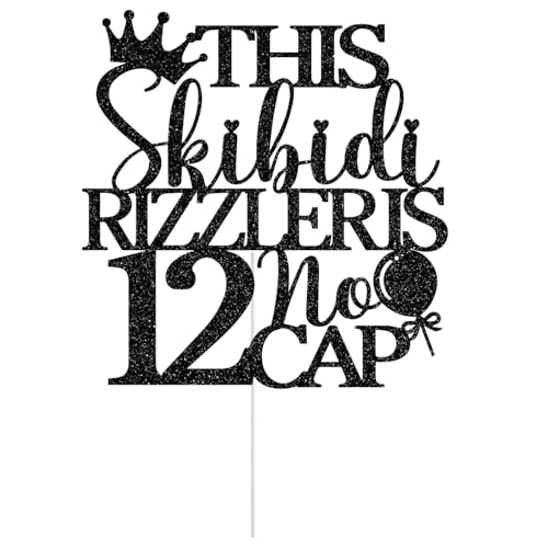 12 No Cap Cake Topper - Black Glitter Birthday Decoration, Variation of 12