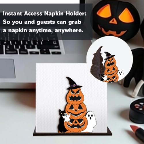 Halloween Pumpkin Ghost Cat Napkin Holder Decor Wooden Table Accessory