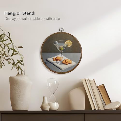 Cheese Crackers Wall Art - Martini Cocktail Food Decor, 10x10 Inch Round Canvas with Frame