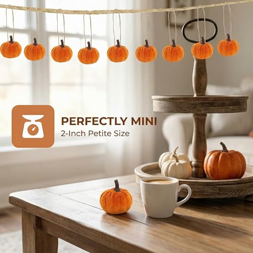 16 PCS Caramel Velvet Pumpkin Ornaments - Mini Hanging Fall Decor