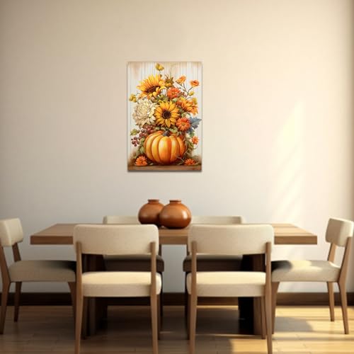 Fall Pumpkin Sunflower Canvas Wall Art - 12 x 18 Inches Thanksgiving Decor V2