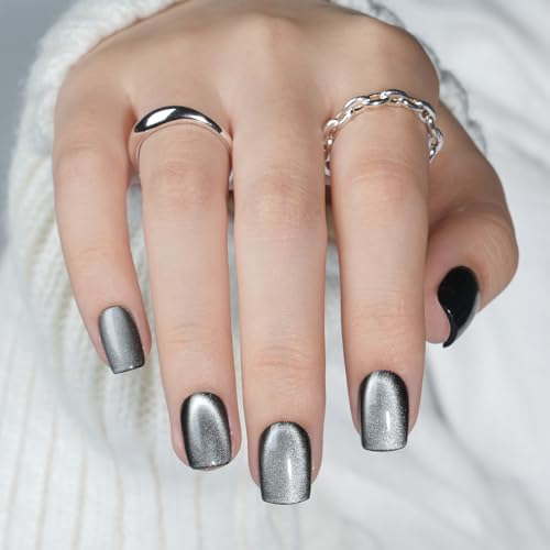 SEEWEE Cat Eye Black Press On Nails Short Square - Silver Nocturne Variation